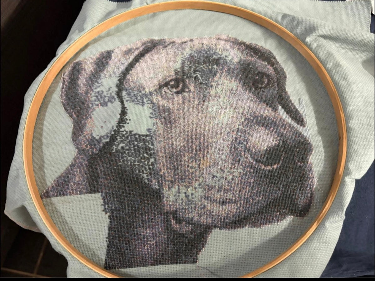 Custom Pet Portrait – Handmade Cross-Stitch Artwork (1,000+ Hours)