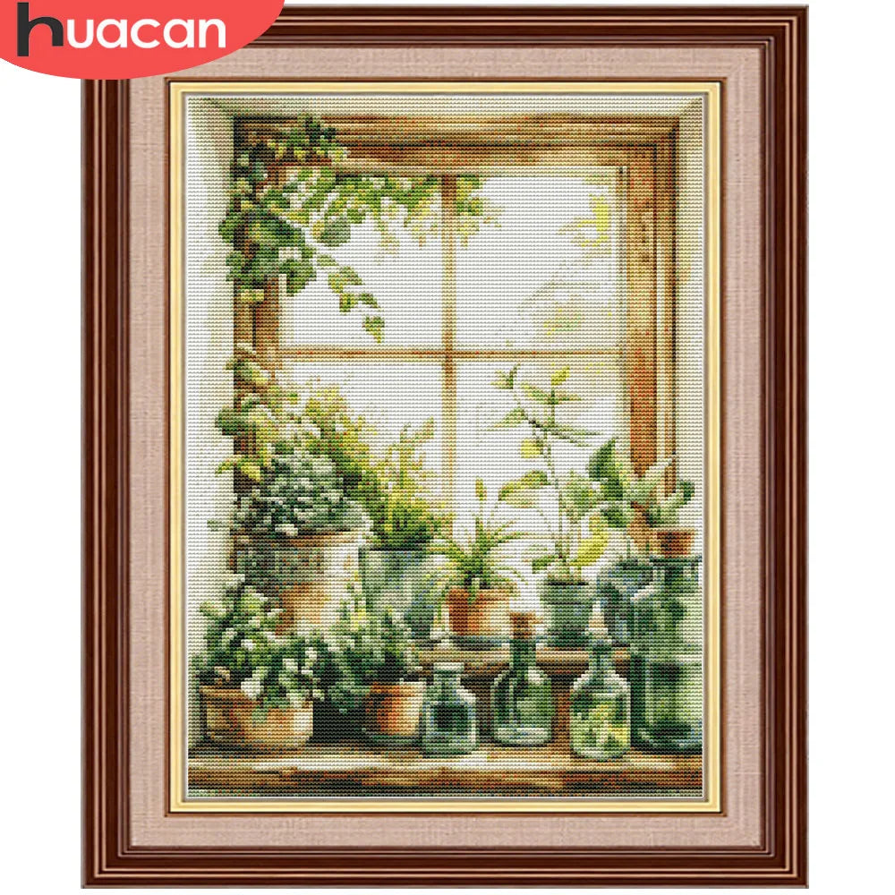 HUACAN 11CT Embroidery Kits Plant Landscape Point Of Cross Flower DMC Thread Hand Sewing Printed Canvas Home Wall Decor