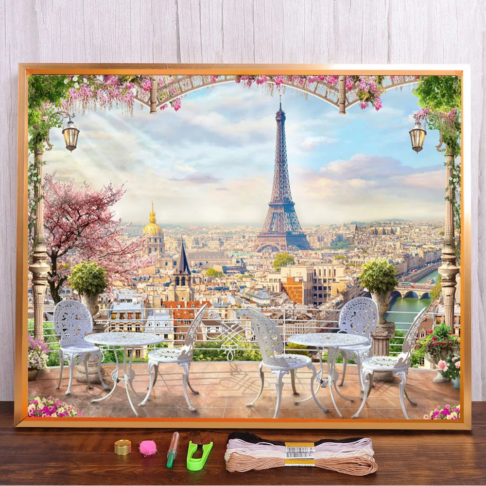 City Paris Landscape Printed Water-Soluble Canvas 11CT Cross Stitch Full Kit Embroidery DMC Threads Knitting       Mulina