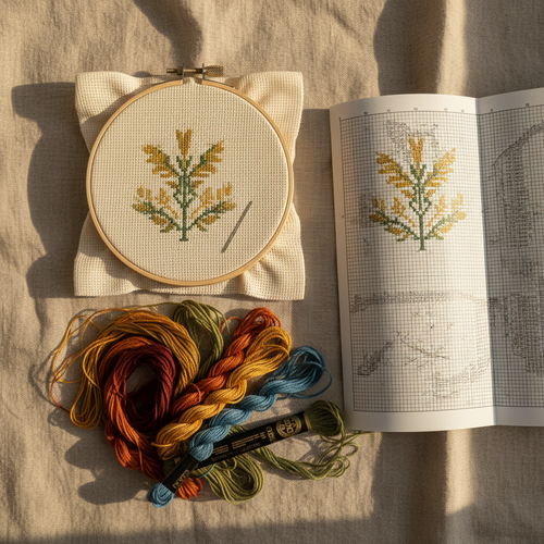 Custom cross-stitch kit flat lay with embroidery hoop, colourful threads, needle and pattern chart on linen background